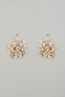 Gold Finish Pearl White Enameled Floral Hoop Earrings