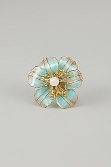 Gold Finish Blue Enameled Floral Ring