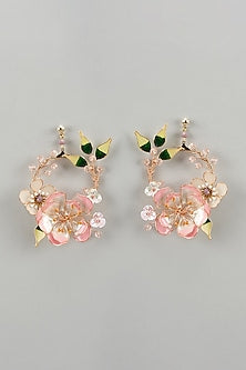 Gold Finish Pink Enameled Handcrafted Floral Hoop Earrings