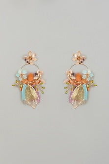Gold Finish Multi-Colored Enameled Floral Hoop Earrings