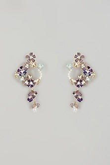 Gold Finish Blue Enameled Floral Hoop Earrings