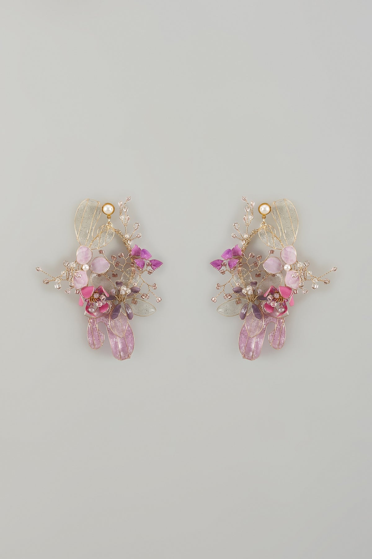 Gold Finish Purple Enameled Floral Dangler Earrings