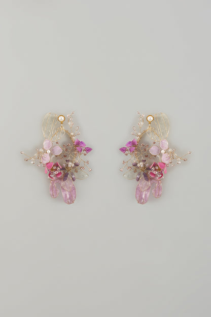 Gold Finish Purple Enameled Floral Dangler Earrings