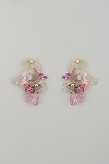 Gold Finish Purple Enameled Floral Dangler Earrings