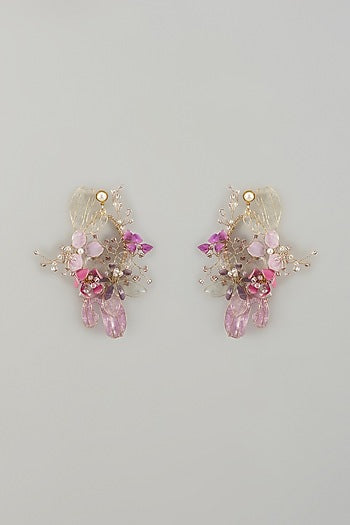 Gold Finish Purple Enameled Floral Dangler Earrings