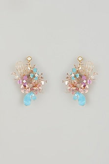 Gold Finish Multi-Colored Enameled Floral Dangler Earrings