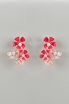 Gold Finish Pink Enameled Handcrafted Adjustable Floral Stud Earrings