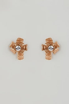 Gold Finish Brown Enameled Floral Stud Earrings