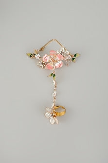 Gold Finish Pink Enameled Floral Hand Harness