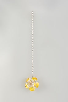Gold Finish Pearl Yellow Enameled Floral Maangtikka