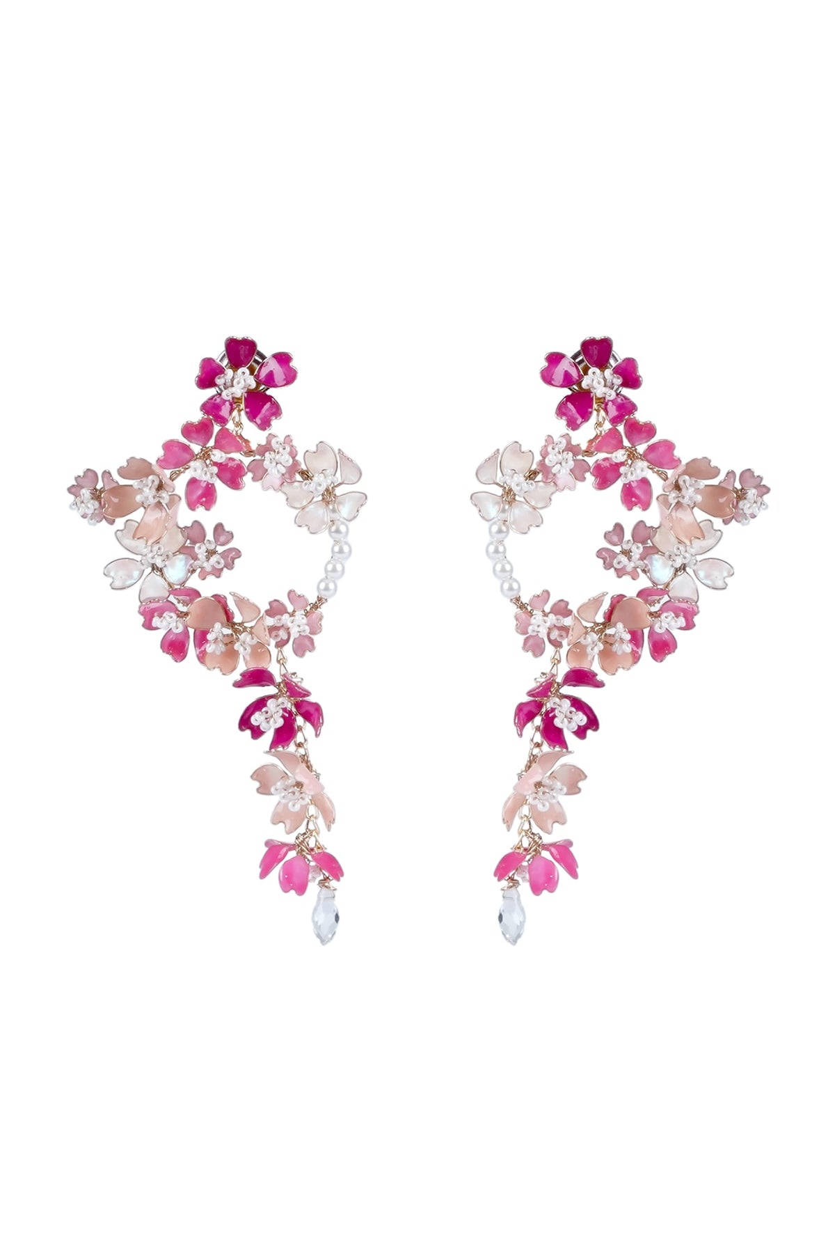 Gold Finish Pink Pearl Enameled Hoop Earrings