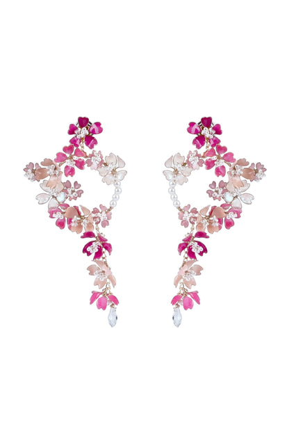 Gold Finish Pink Pearl Enameled Hoop Earrings