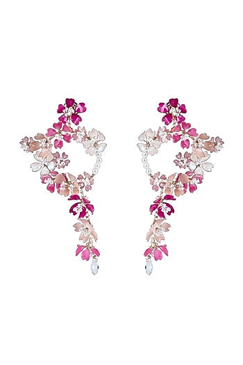 Gold Finish Pink Pearl Enameled Hoop Earrings