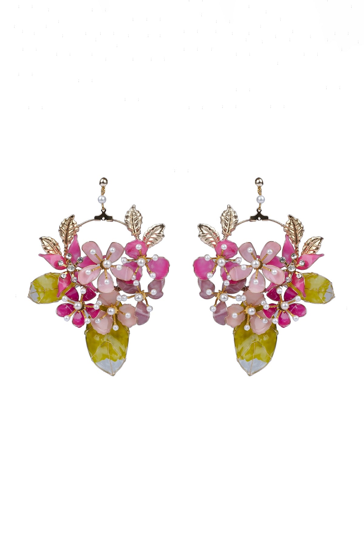 Gold Finish Pink Pearl Enameled Hoop Earrings