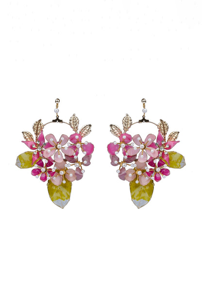 Gold Finish Pink Pearl Enameled Hoop Earrings