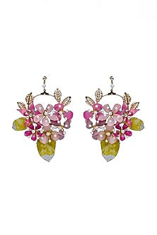 Gold Finish Pink Pearl Enameled Hoop Earrings
