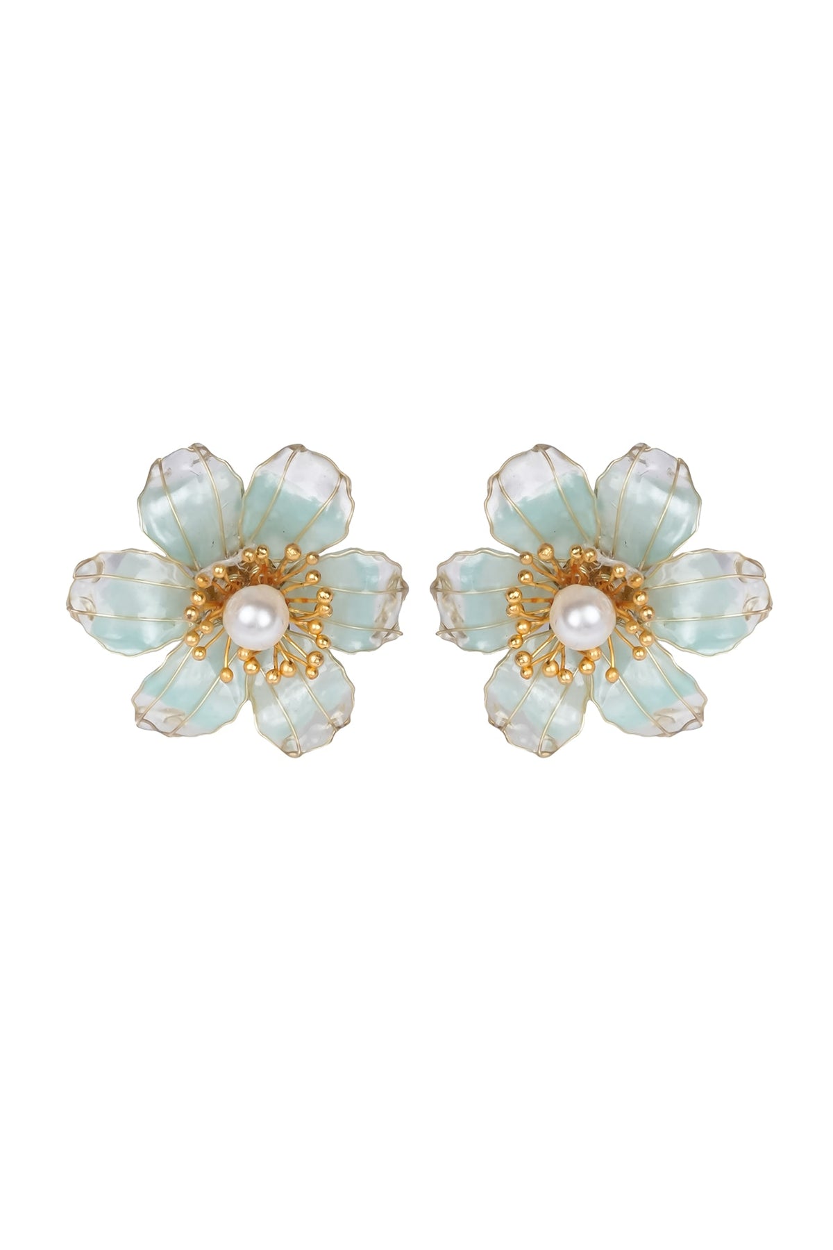 Gold Finish Pearl & Blue Enameled Stud Earrings