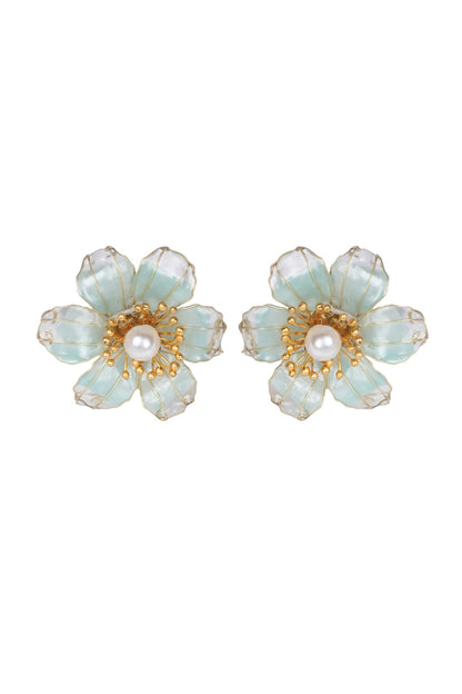 Gold Finish Pearl & Blue Enameled Stud Earrings