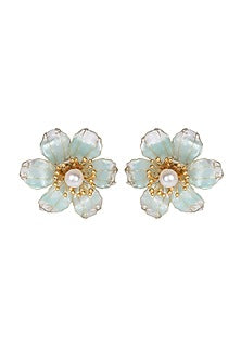 Gold Finish Pearl & Blue Enameled Stud Earrings
