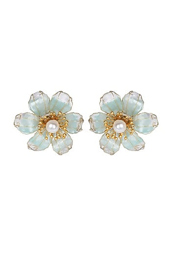 Gold Finish Pearl & Blue Enameled Stud Earrings