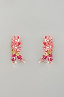 Gold Finish Pink Enameled Floral Dangler Earrings