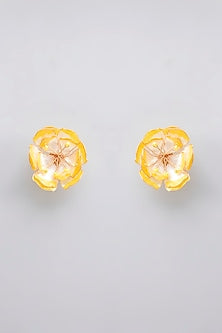 Gold Finish Yellow Enameled Floral Stud Earrings