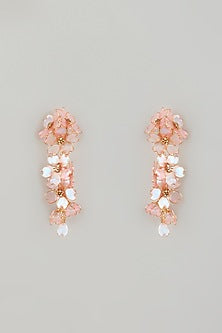 Gold Finish Pink Enameled Floral Dangler Earrings