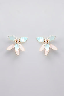 Gold Finish Blue Enameled Floral Stud Earrings