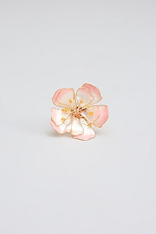 Gold Finish Pink Enameled Floral Stud Earrings