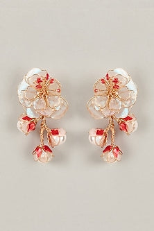 Gold Finish Red Enameled Pearl Dangler Earrings