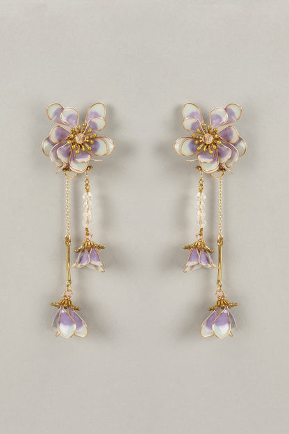 Gold Finish Purple Enameled Pearl Dangler Earrings
