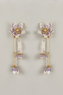 Gold Finish Purple Enameled Pearl Dangler Earrings