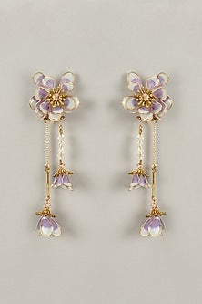 Gold Finish Purple Enameled Pearl Dangler Earrings