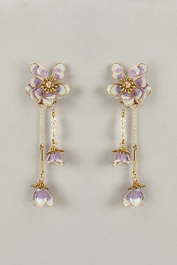 Gold Finish Purple Enameled Pearl Dangler Earrings