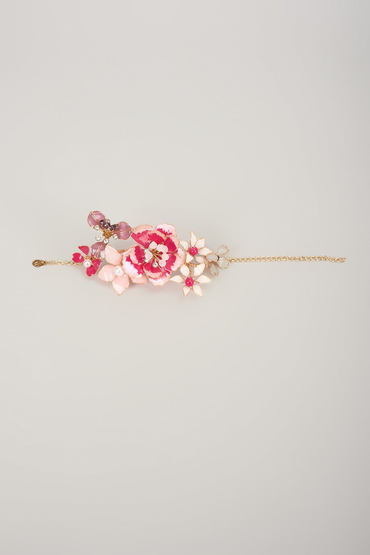 Gold Finish Pink Enameled Floral Bracelet