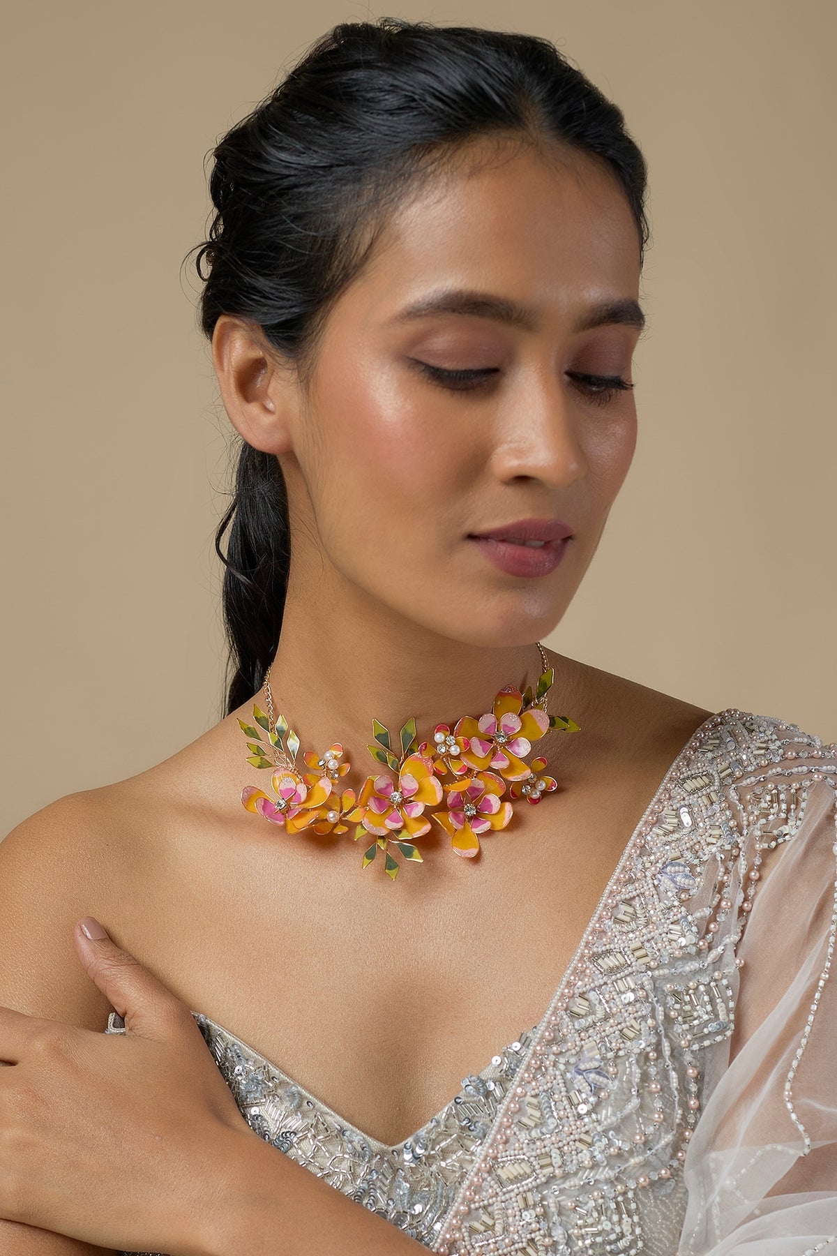 Yellow Enameled Floral Necklace