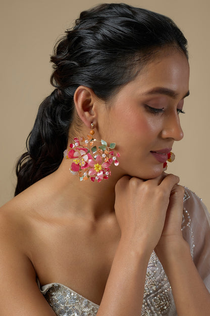 Pink Enameled Handcrafted Floral Dangler Earrings