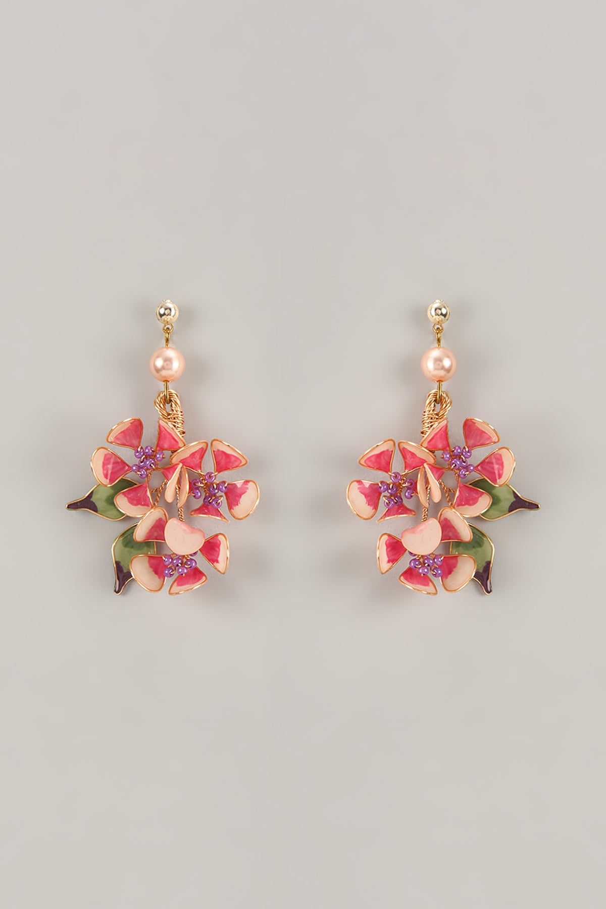 Pink Enameled Handcrafted Floral Dangler Earrings