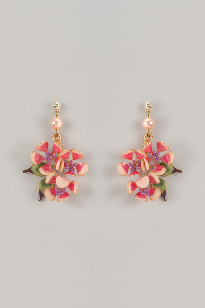 Pink Enameled Handcrafted Floral Dangler Earrings