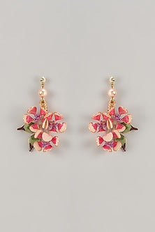 Pink Enameled Handcrafted Floral Dangler Earrings