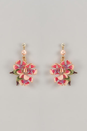 Pink Enameled Handcrafted Floral Dangler Earrings