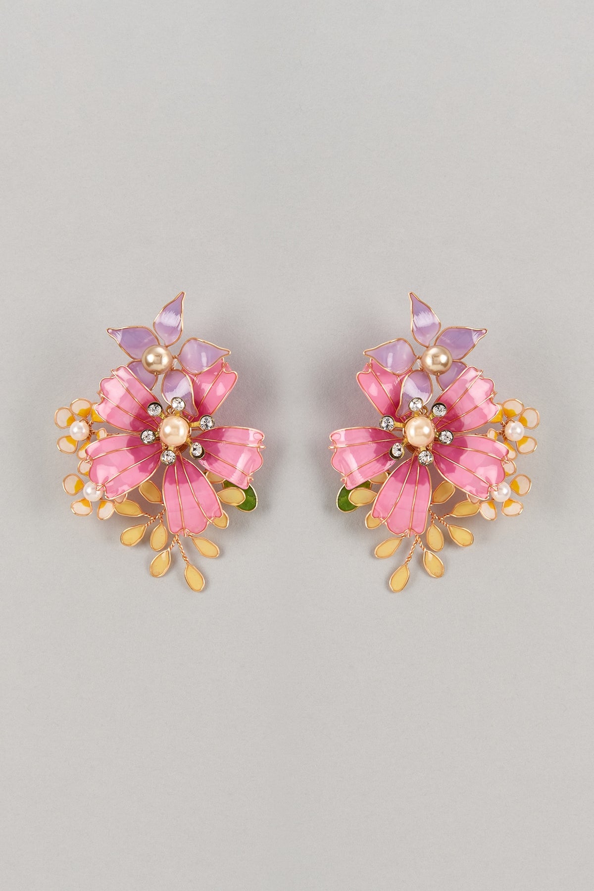 Pink Enameled Handcrafted Floral Dangler Earrings