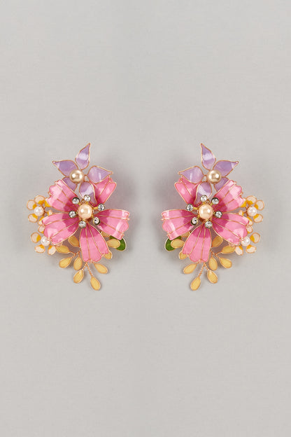 Pink Enameled Handcrafted Floral Dangler Earrings