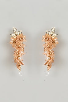 Gold Finish Pink Enameled Floral Dangler Earrings
