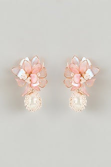 Gold Finish Pearl Pink Enameled Floral Stud Earrings