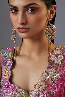 Gold Finish Multi-Colored Enameled Floral Dangler Earrings