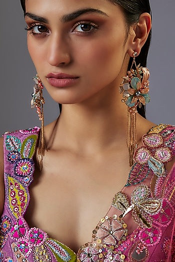 Gold Finish Multi-Colored Enameled Floral Dangler Earrings