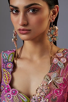 Gold Finish Multi-Colored Enameled Floral Dangler Earrings