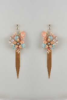 Gold Finish Multi-Colored Enameled Floral Dangler Earrings