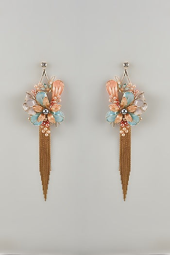 Gold Finish Multi-Colored Enameled Floral Dangler Earrings